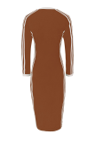 Coffee Casual Stripe Contrast V Neck Long Dresses