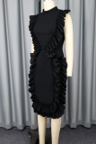 Black Elegant Solid Color Stringy Selvedge O Neck Wrapped Skirt Dresses
