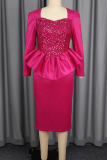 Rose Red Elegant Solid Color Sequins Flounce Asymmetrical Collar Wrapped Skirt Dresses