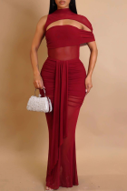 Red Elegant Solid Color Hollow Out Ruched O Neck Long Dresses