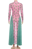 Pink Elegant Print Contrast O Neck Long Dresses