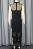 Black Elegant Solid Color Fringed Trim See-Through O Neck Long Dresses