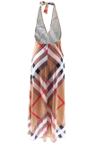 Khaki Sexy Plaid Backless Halter Long Dresses