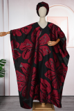 Red Casual Flowers Contrast V Neck Long Dresses