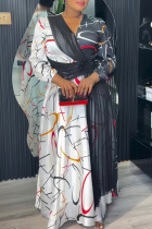 White Elegant Print Contrast V Neck Long Plus Size Dresses