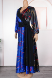 Blue Elegant Print Contrast V Neck Long Plus Size Dresses