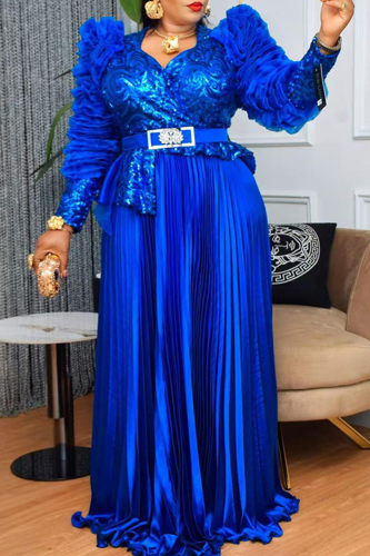 Blue Elegant Solid Color With Belt Pleated V Neck Long Plus Size Dresses