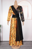 Blue Elegant Print Contrast V Neck Long Plus Size Dresses