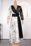 Blue Elegant Print Contrast V Neck Long Plus Size Dresses