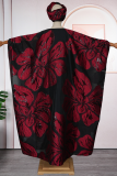 Red Casual Flowers Contrast V Neck Long Dresses