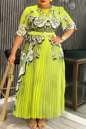 Green Elegant Flowers Pleated O Neck Long Plus Size Dresses