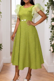 Mustard Green Elegant Solid Color Mesh O Neck Dresses