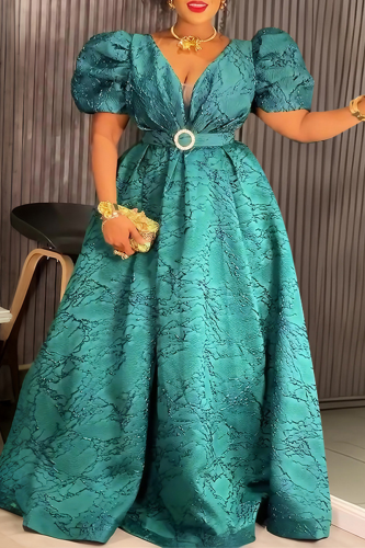 Green Celebrities Solid Color With Belt V Neck Long Plus Size Dresses