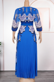Blue Elegant Flowers Pleated O Neck Long Plus Size Dresses