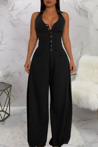 Black Casual Solid Color Buckle Turndown Collar Loose Jumpsuits