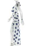 White Sexy Polka Dot High Slit O Neck Long Dresses