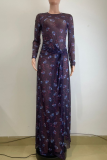 Dark Purple Elegant Print High Slit O Neck Long Dresses