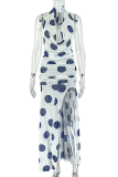White Sexy Polka Dot High Slit O Neck Long Dresses