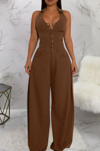 Coffee Casual Solid Color Buckle Turndown Collar Loose Jumpsuits