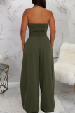 Army Green Casual Solid Color Buckle Turndown Collar Loose Jumpsuits