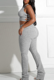 Grey Casual Solid Color Backless Cross Straps Halter Sleeveless Two Pieces