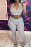 Grey Casual Solid Color Backless Cross Straps Halter Sleeveless Two Pieces