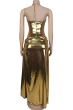 Gold Sexy Solid Color Backless Halter Long Dresses