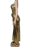 Gold Sexy Solid Color Backless Halter Long Dresses