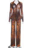 Leopard Print Casual Print Buckle Turndown Collar Long Sleeve Two Pieces