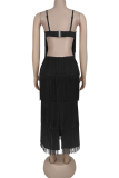 Gold Sexy Solid Color Fringed Trim Spaghetti Strap Long Dresses