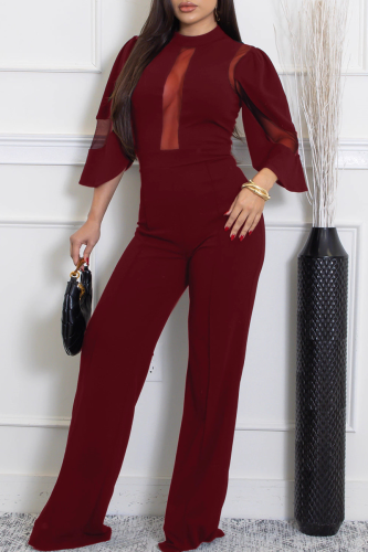 Burgundy Sexy Solid Color See-Through O Neck Bodycon Jumpsuits