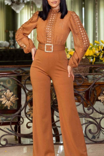 Light Brown Casual Solid Color Hollow Out With Belt O Neck Bodycon Jumpsuits