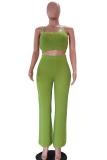 Green Casual Solid Color Hollow Out O Neck Long Sleeve Three Pieces