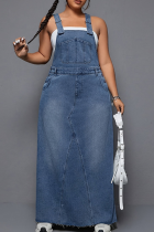 Blue Casual Solid Color Backless Strap Plus Size Dresses