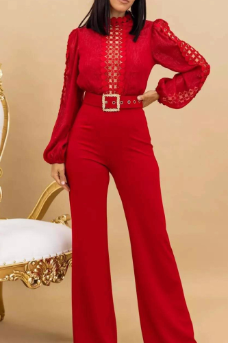 Red Casual Solid Color Hollow Out With Belt O Neck Bodycon Jumpsuits