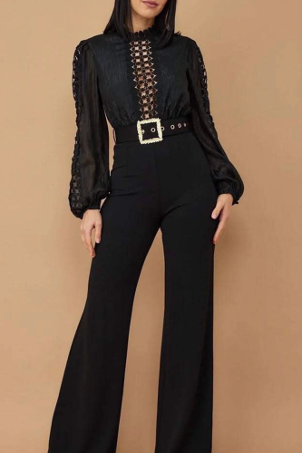 Black Casual Solid Color Hollow Out With Belt O Neck Bodycon Jumpsuits