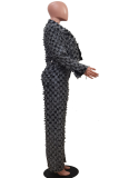Grey Casual Plaid Jacquard Zipper O Neck Long Sleeve Two Pieces