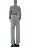 Grey Casual Zipper Contrast O Neck Long Sleeve Two Pieces