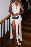Black Sexy Solid Color Ruched Deep V Neck Long Dresses