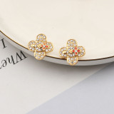Gold Daily Four Leaf Clover Rhinestone Decor Earrings