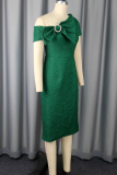Ink Green Elegant Solid Color Bow Decor Oblique Collar Long Dresses