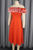 Orange Elegant Solid Color Ruched Flounce Off Shoulder A Line Dresses