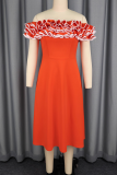 Orange Elegant Solid Color Ruched Flounce Off Shoulder A Line Dresses
