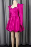 Rose Red Party Solid Color Pearls Decor Square Neck Ball Gown Dresses