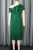 Ink Green Elegant Solid Color Bow Decor Oblique Collar Long Dresses
