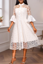 White Elegant Solid Color Buckle O Neck Long Dresses