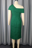 Ink Green Elegant Solid Color Bow Decor Oblique Collar Long Dresses