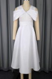 White Elegant Solid Color Patchwork V Neck Evening Dresses