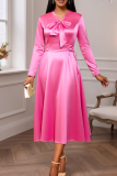 Pink Elegant Solid Color Bow Decor V Neck Long Dresses