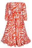 Red Elegant Print Contrast Off Shoulder A Line Plus Size Two Pieces